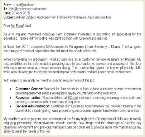 Cover Letter Email work experience
