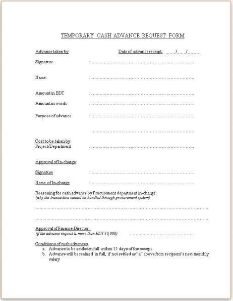 Temporary cash advance form